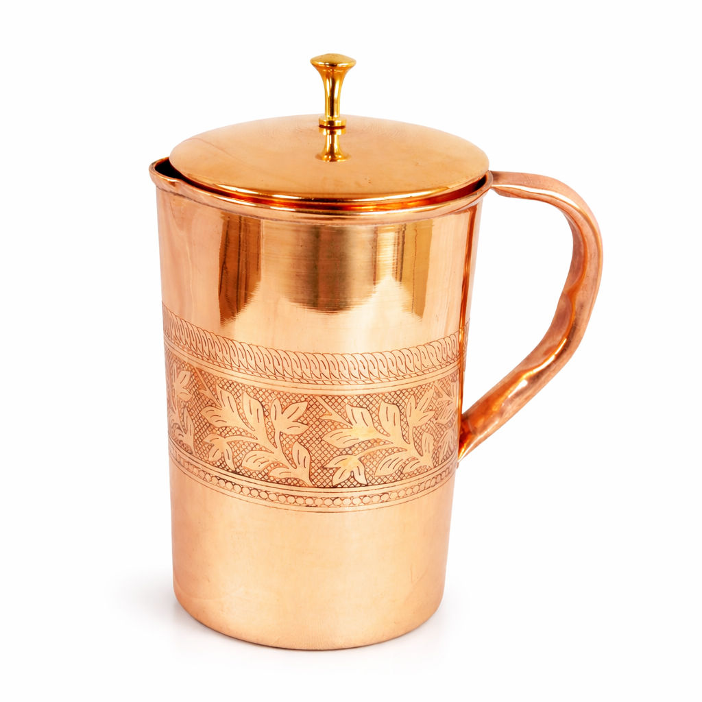 Pure copper embossed jug with brass knob on lid half embossed, 2000 ML